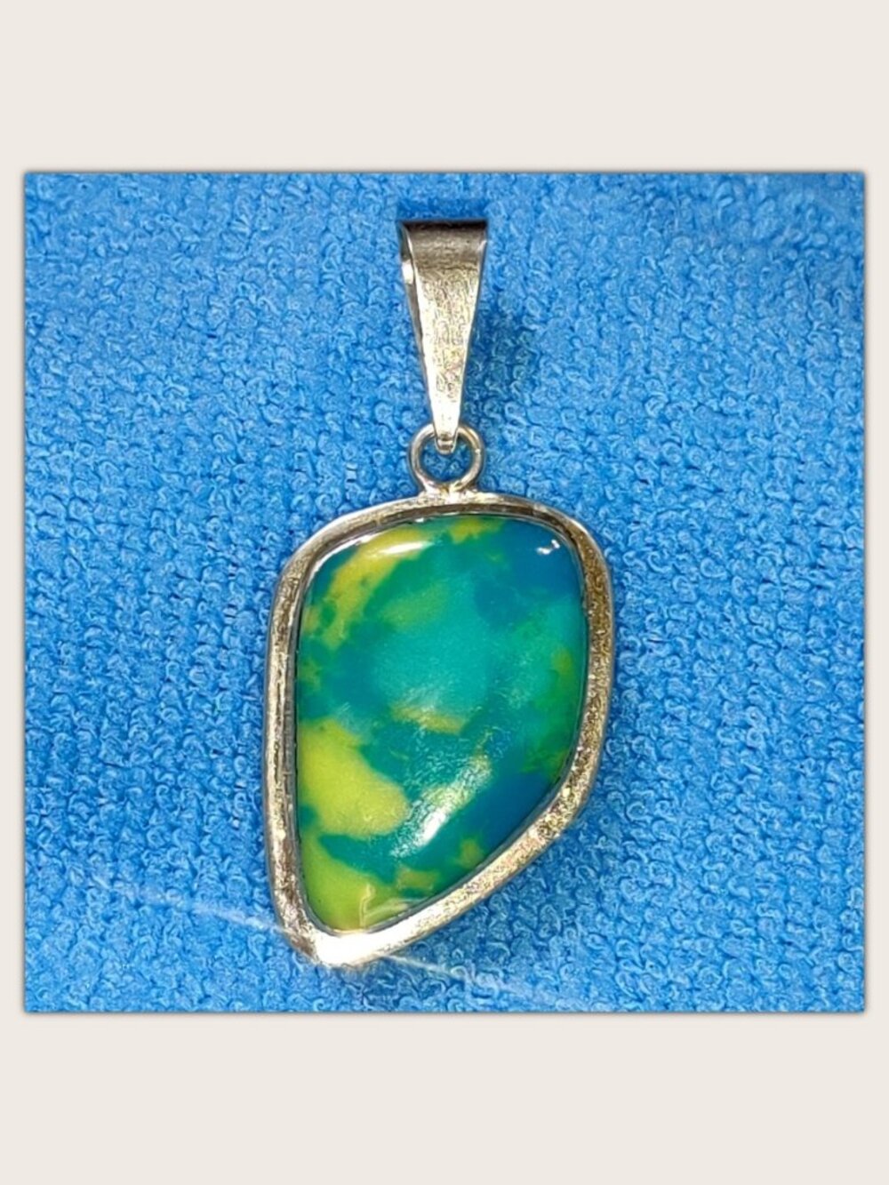 Mexico 925 Sterling Silver Blue Green Cabochon Pendant Abstract Modernist 17g